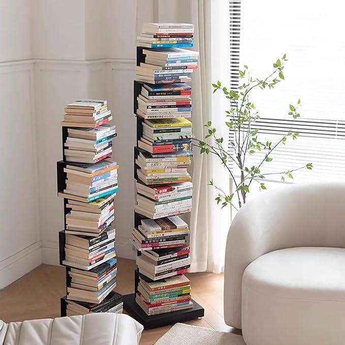 Invisible Vertical Spine Bookshelf Tower,Tall Narrow Metal Bookshelf for Small Space,Corner Floor Standing Book Organizers for Living Room, Office, Entryway(8 Tier, Black)