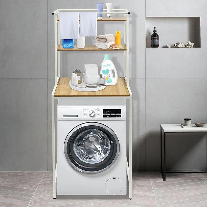 Over Washer and Dryer Shelves,Dryer Storage Shelf,3 Tiers Laundry Room Storage and Organizer Standing Shelf,Height Adjustable Laundry Room Shelves, Load-Bearing Capacity 22lbs (Log)