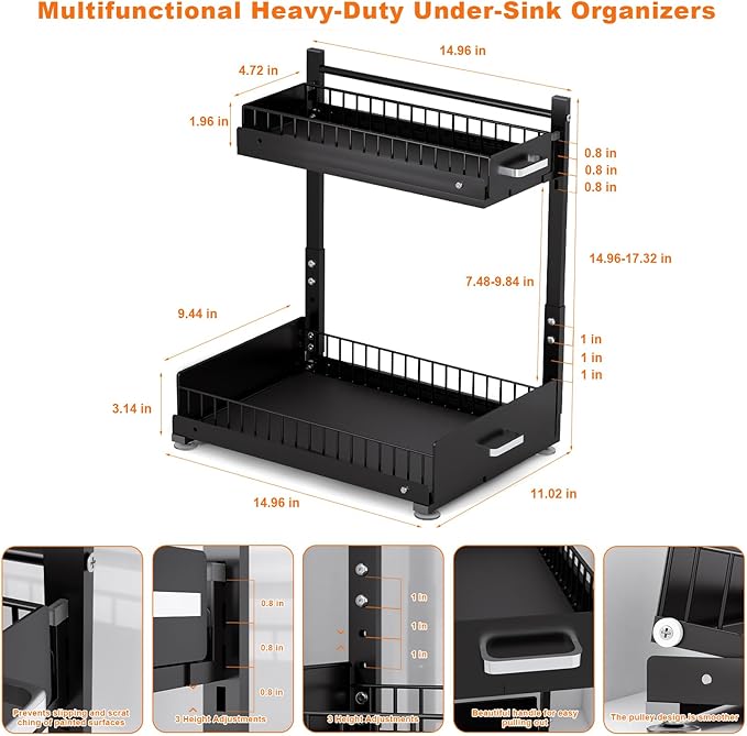 Under Sink Organizer,2 Tier Slide Out Kitchen Cabinet Organizers with Pulley,Under Bathroom Sink Pull Out Organizer with Multiple Height Adjustments for Kitchen and Bathroom Cabinets(Black)