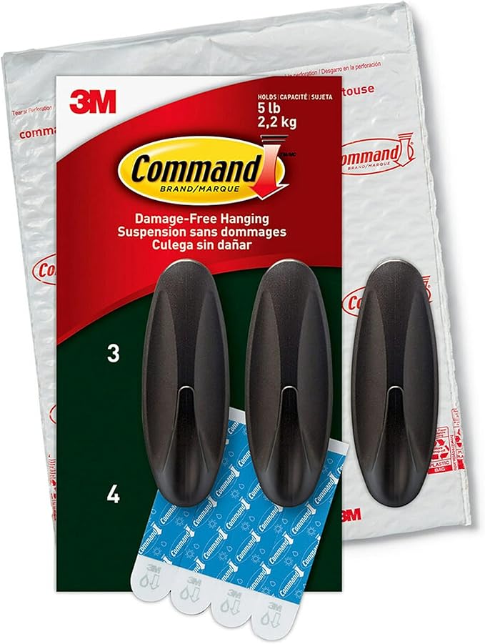 Command Outdoor Large Bronze Hooks, Holds up to 5 lb, 3 Hooks and 4 Command Strips, Damage Free Hanging Wall Hooks for Hanging Christmas Decorations with Weather Resistant Strips
