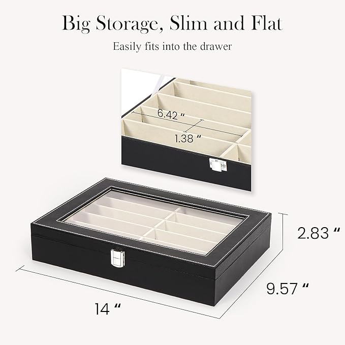 Sunglasses Organizer Case with Adjustable Slots, Eyeglasses Display with Lid, Eyewear Storage Box for Large Glasses