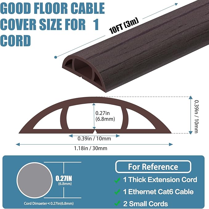 Floor Cord Covers for Wires 10FT Cable Hider Wire Cover Self Adhesive Cord Hider Floor for Offices, Homes, Workshops, Warehouses Cable Cavity 0.39" W x 0.27" H