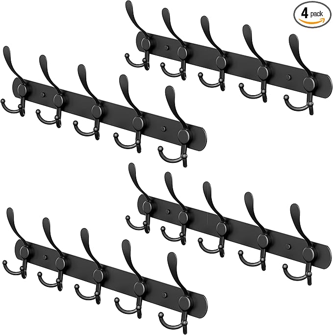 Coat Rack Wall Mount with 5 Tri Hooks, Stainless Steel 16 Inch – Black Matte Finish, Heavy Duty Wall Mounted Hook Rack for Coats, Hats, Towels, Scarfs, Robes, Bags, Entryway & Bathroom - 4 Pack