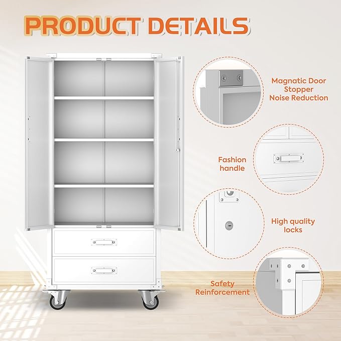 Metal Storage Cabinet with 2 Drawers, Garage Tool Cabinet on Wheels for Home Office,Assembly Required,White