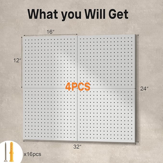 Pegboard,Metal PegBoard Panels,Steel Wall Pegboard,Metal Peg Board Wall Organizer for Office,Crafts Organization, Ornaments Display,Grey