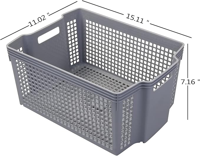 Large Plastic Stacking Storage Baskets, Grey Stackable Storage Bin, 6-Pack
