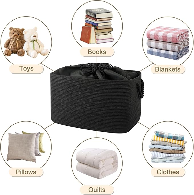 95L Extra Large Blanket Basket with Lid, 24" x 16.9" x 14.2" Woven Storage Basket for Living Room, Rectangle Nursery Blanket Storage for Toys, Towels, Dirty Clothes, Black