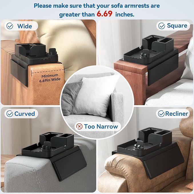 Couch Arm Cup Holder CLESOO Couch Arm Tray Anti-Slip Couch Cup Holder Silicone Sofa Armrest Tray Dual Side Pocket Couch Drink Holder Sofa Caddy Arm Remote Holder Snack Caddy with Phone Holder Black