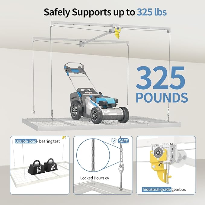 Overhead Garage Storage Rack – 4x8 FT Garage Ceiling Storage Racks with Safety Lock, Heavy-Duty Ceiling Mounted Lift System and Storage Organizer, Ideal for Maximizing Overhead Space, 325 lbs Capacity