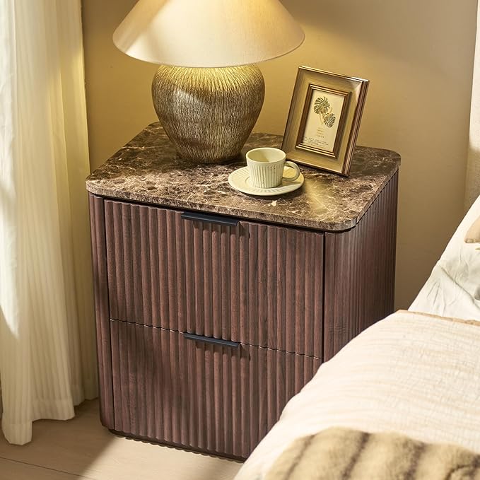 Fluted Nightstand with 2 Drawers, Bedside Table with Faux Marble-Top, Engineered Wood End Table with Curved Corners, Metal Handle, Modern Night Stand for Bedroom, Small Spaces, Dark Oak