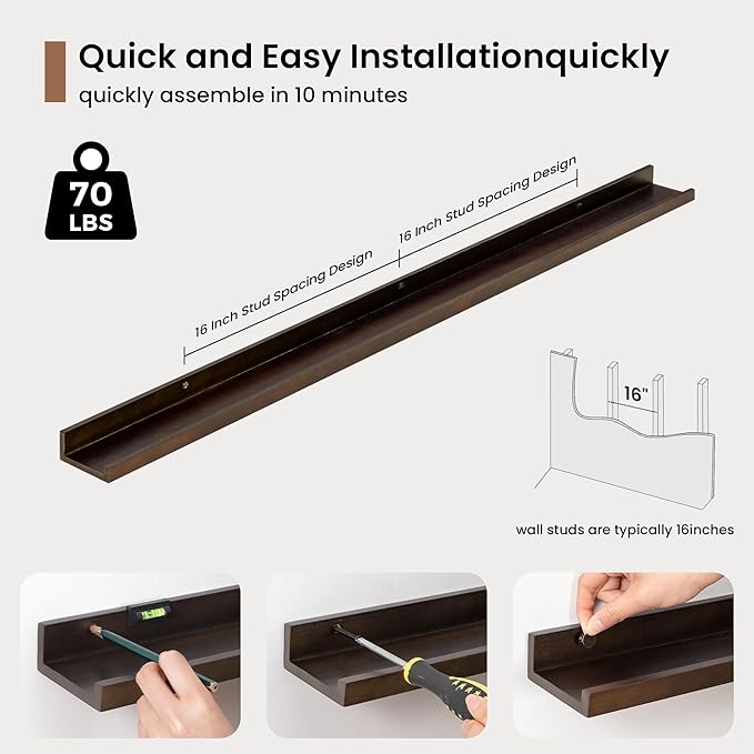 Picture Ledge Shelf, Floating Shelves Set of 2, 48 Inches Solid Wood Nursery Book Shelves for Toys Storage, Kids Bookshelf Wall Mounted for Living Room Bedroom Decor Books Photo Frames, Walnut