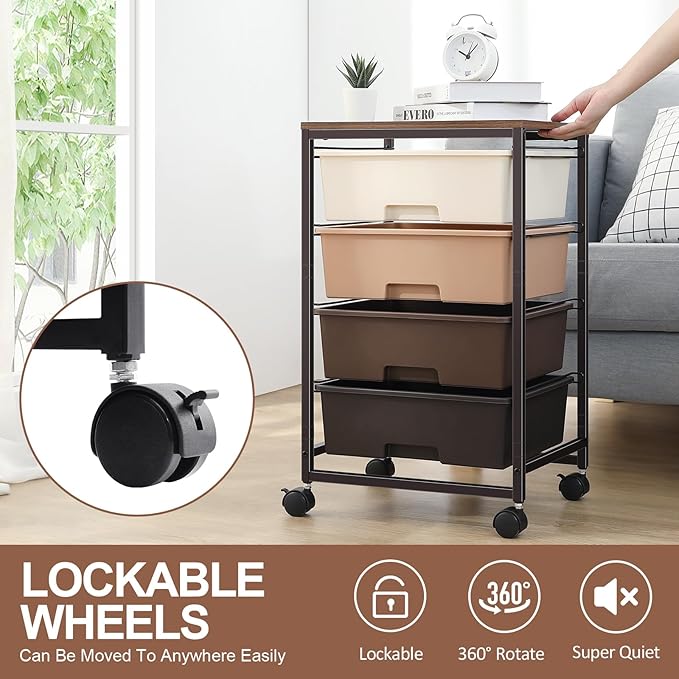 Utility Cart with 4 Drawers,Rolling Storage Cart with Drawers,Storage Rolling Drawer Cart,Brown