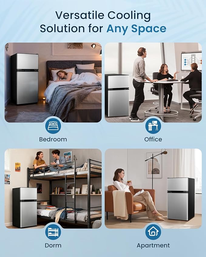 3.2 Cu.Ft Mini Fridge with Freezer - 2 Door Small Refrigerator, Mini Refrigerator with Adjustable Thermostat, Removable Shelves, Mini Fridge for Bedroom, Office, Dorm, Apartment, Silver