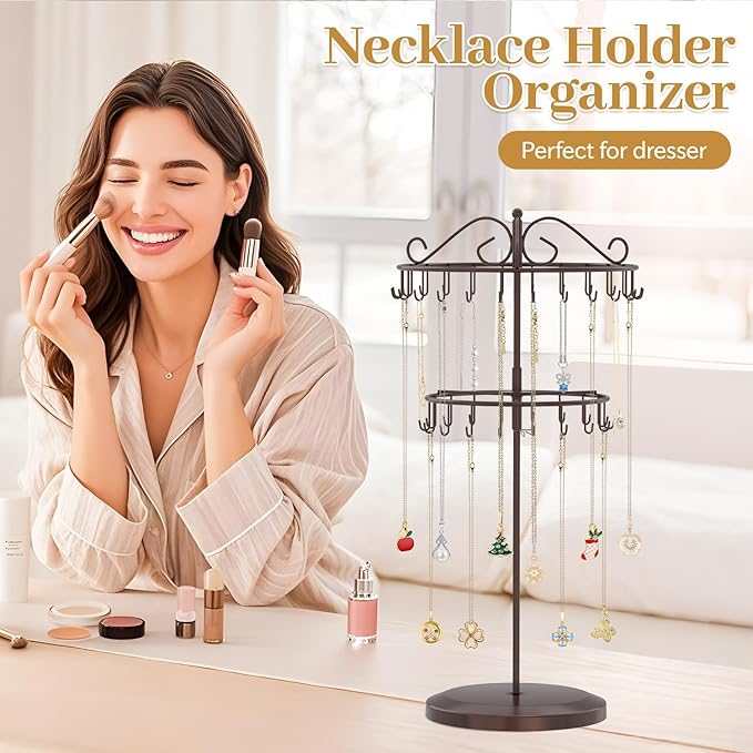 MODOWEY Rotating Necklace Holder Organizer Display Stand with 42 Hooks, 2 Tier Adjustable Metal Tree for Long Necklace Hanger Selling, Tall Spinning Bracelet Storage Rack for Men Women, Espresso Brown