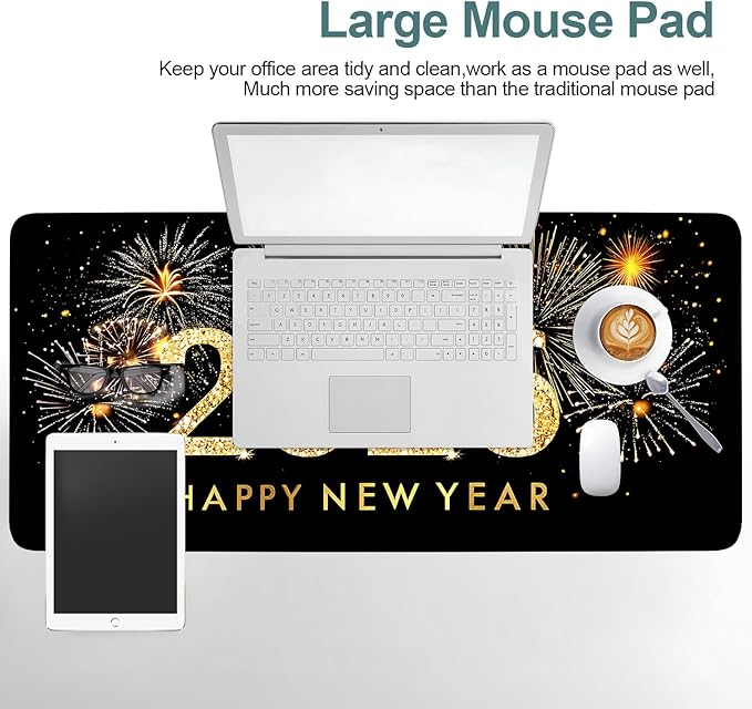 2026 Happy New Year Gaming Mouse Pad 35.4"x15.7"Desk Mat Anti-Slip Rubber Base & Durable Stitched Edges for Gamers Smooth Mouse Writing Surface for Desk Office/Home