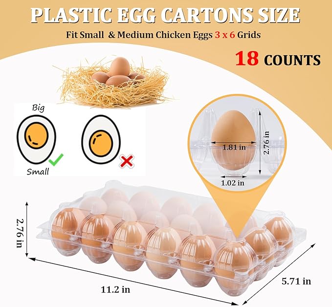 APOCHON 40PCS Plastic Egg Cartons 18 Count,Clear Egg Cartons Cheap Bulk for Fresh Eggs,Reusable Egg Holder for Family,Pasture,Farm Markets Display - Medium Egg Containers 3x6 Grids