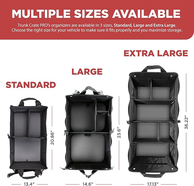 TRUNKCRATEPRO - XL Trunk Organizer For SUV, Car, Truck with 6 Compartments Adjustable Collapsible Portable Non-Skid Premium Cargo Storage Truck Organizer W Straps, Heavy Loads (Extra Large, Gray)