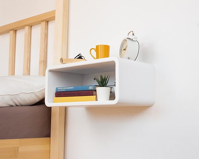 Floating Nightstand Wooden, Bedside Table, Nightstand Shelf, Handmade, Wall Mounted Bedside Shelf, Minimalist and Unique Style (White)