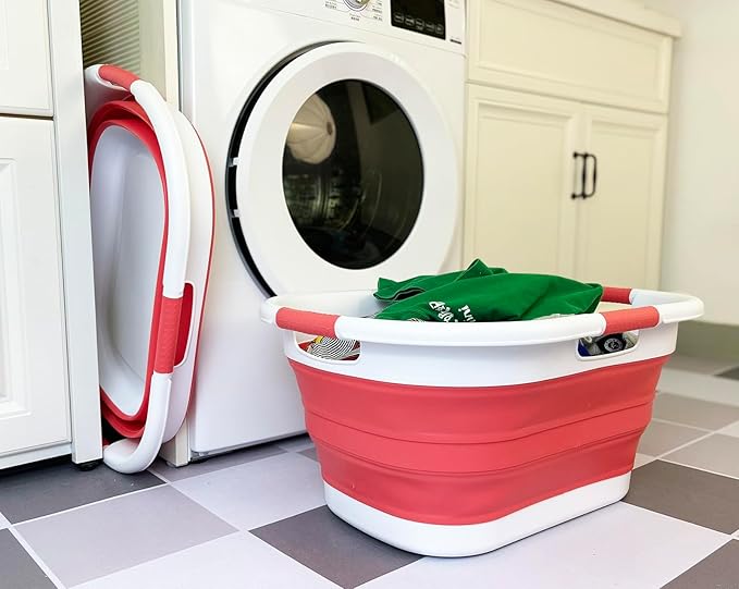 SAMMART 40L (10.5 gallon) Collapsible Plastic Laundry Basket - Foldable Storage Container- Portable Washing Tub - Space Saving Hamper (1, White/Coral Pink)