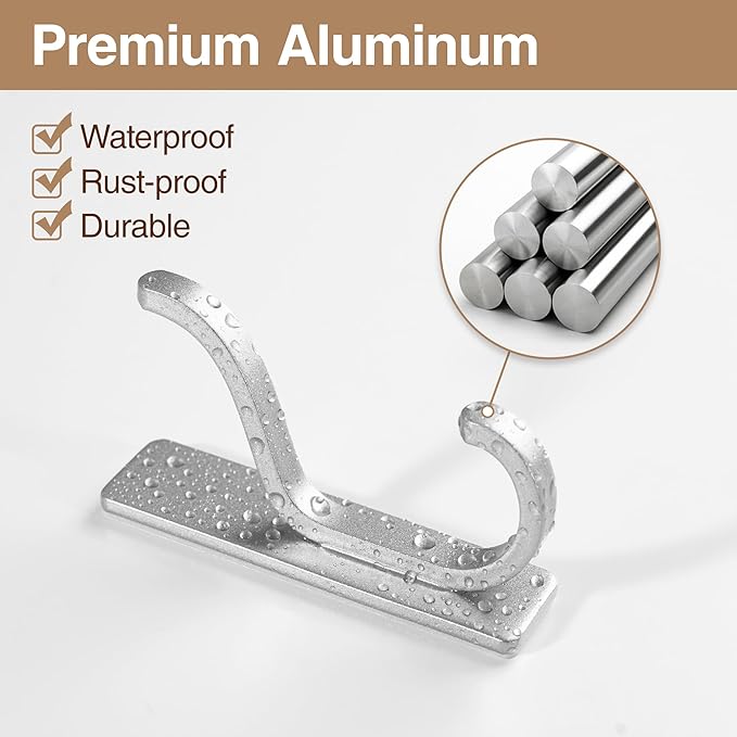pickpiff 10-Pack Adhesive Wall Hooks for Towel: Modern Silver Hooks Hold 13 LB, Sticky Door Hanger Hanging Coats, Bags, Backpack, Purses - Bathroom,Kitchen, Dorm, RV, Shower - Stainless, Metal