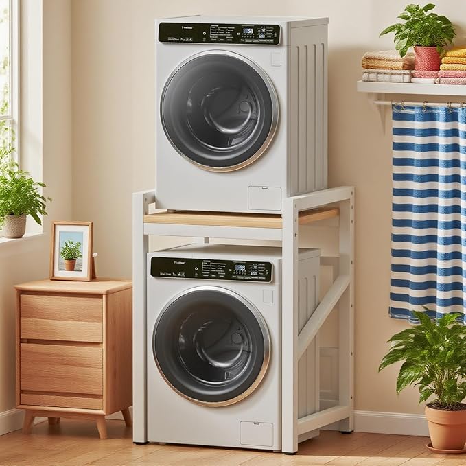 Over The Washer and Dryer Storage Shelf, Widen & 3 Height Adjustable Stacking Rack, Space Saver Washer Dryer Stacking Kit, Thicker Metal Washer Shelf for within 29.5" width (White, 29.5 Inch)