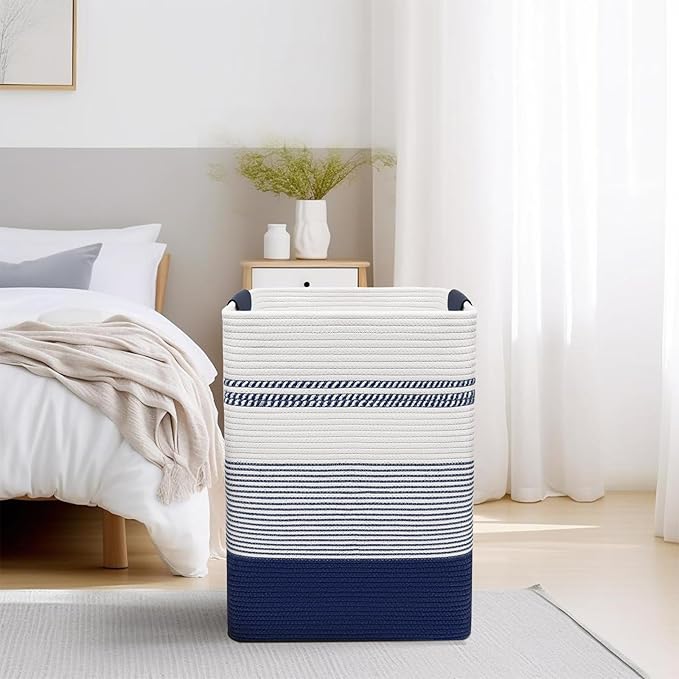 DOFASAYI Laundry Basket - 85L Large Woven Baskets for Storage - Cotton Rope Laundry Hamper, Decorative Storage Basket for Blankets, Clothes Hamper for Living Room, Bedroom, Dark Blue & White