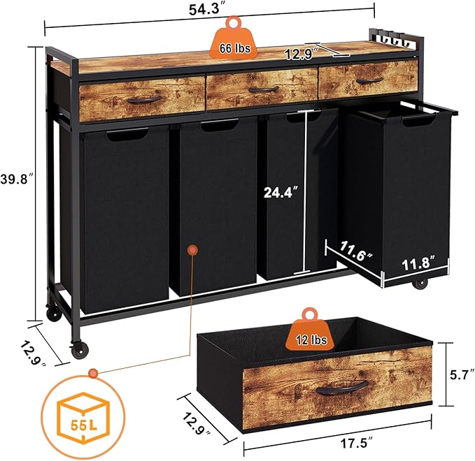 Laundry Hamper, Laundry Sorter 4 Sections, Rolling Laundry Basket with Wheels, 3 Drawers, 4 × 14.5 Gal (55 L), Pull-Out and Removable Oxford Fabric Bags, Black and Rustic Brown
