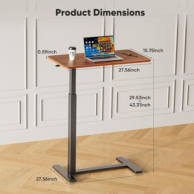 Sweetcrispy Overbed Bedside Table with Wheels, Adjustable Hospital & Home Use Bed Table, Rolling Laptop Table, Mobile Standing Desk, Rust