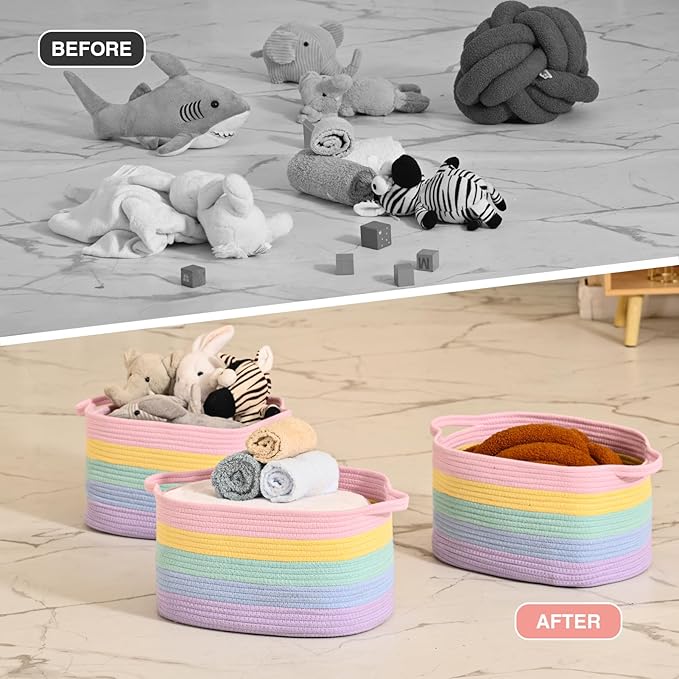 DUHEL Cotton Rope Woven Storage Basket, Used for Baby Hamper Toy Organizer, Gift Baskets Empty,Kids Laundry Basket,Baby Blanket Basket. Size 15x10x8.7 Inches. (Rainbow-3Pcs)