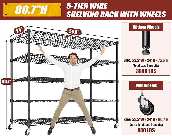 PrimeZone 5 Tier 80.7" Hx55.5 Wx24 D Wire Shelving with Wheels 3000lbs NSF Certified Storage Shelves Heavy Duty Metal Shelf Adjustable Rolling Rack Commercial Garage Restaurant Warehouse Kitchen 3Pcs