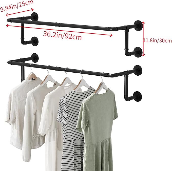 Industrial Pipe Clothes Racks 2 Pack, Black Pipe Wall Mounted Clothing Racks for Hanging Clothes, Space Saving Closet Hanging Rod for Laundry Room, Bedroom
