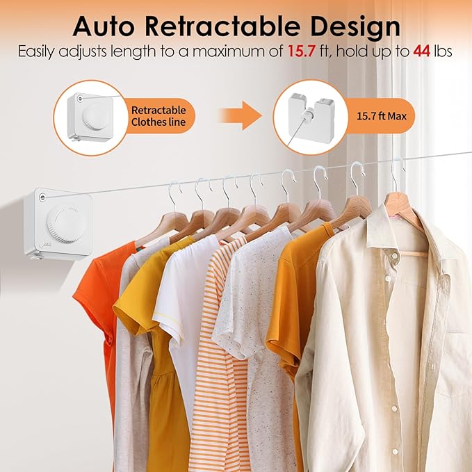 Yejay Retractable Clothesline Indoor, Non-Sagging Clothes Line Retracting Outdoors,Wall Mounted Heavy Duty Clothes Drying Line, Space-Saving Laundry Line for Balcony, Bathroom - 15.7Ft (White)
