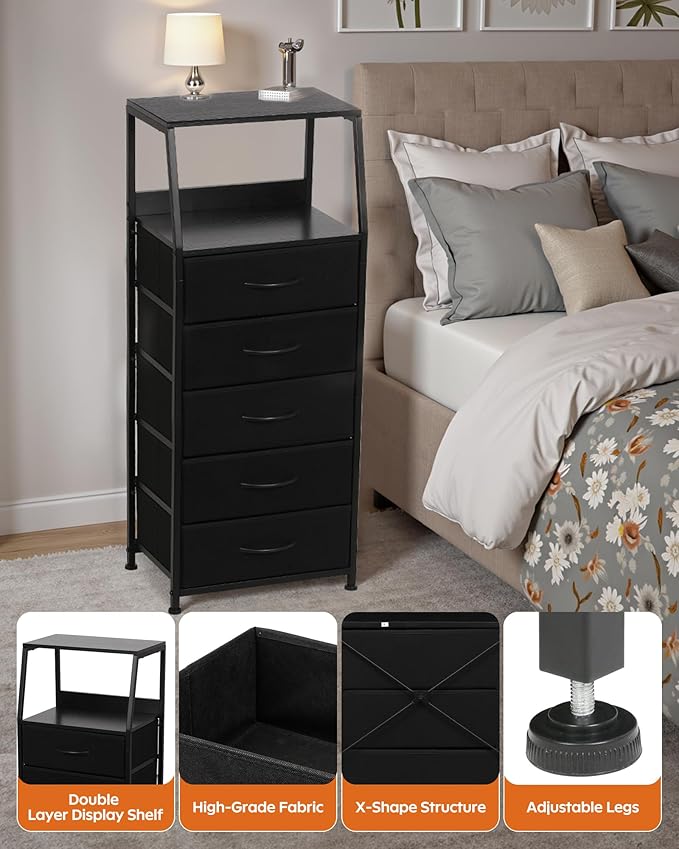 Dresser for Bedroom, Fabric Nightstand Tall Dresser & Chests of Drawers with 5 Drawers, Vertical Organizer Storage, Hallway, Entryway Black