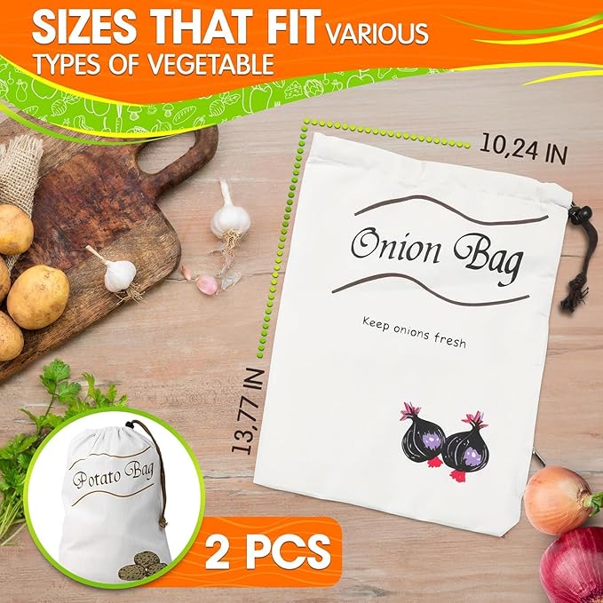 2Pcs Potato and Onion Storage Bags – Reusable Cotton Produce Bags with Black Lining and Side Zipper, Washable, Breathable & Light-Blocking Design for Storing Potatoes, Onions, Garlic & Root Vegetables