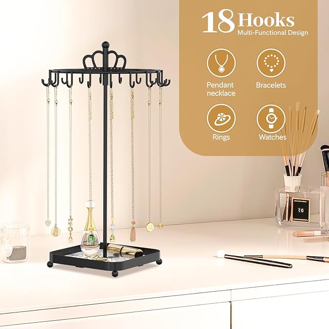 MODOWEY Rotating Metal Necklace Holder Organizer Stand with Acrylic Tray, 18 Hooks Small Jewelry Display Tree for Pendant Bracelet Storage, Compact Chain Hanger Rack for Women Men Space Saving, Black