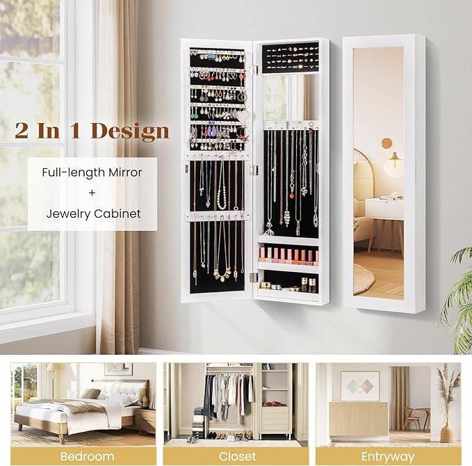 Giantex Wall Mounted Jewelry Cabinet with Full Length Mirror, Over The Door Jewelry Armoire Organizer with Large Storage, Makeup Mirror & Velvet Lining (White)