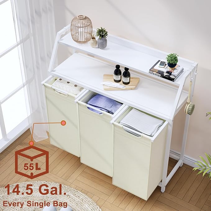 Laundry Hamper, Laundry Sorter 3 Section, Rolling Laundry Basket with Wheels, 2 Shelves, 3 × 14.5 Gal, Pull-Out and Removable Oxford Fabric Bags, for Laundry Room, White and Beige