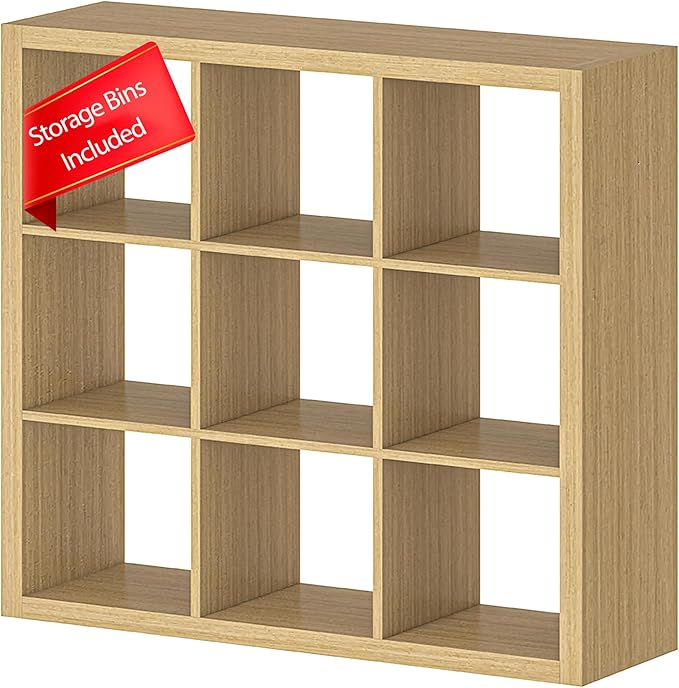 Bookshelf with Storage Bins, 9-Cube Storage Organizer Sturdy Wooden Bookcase Open Book Shelf, Multifunctional Cubicle Rack for Storage & Display, Furniture for Living Room Bedroom Office, Oak