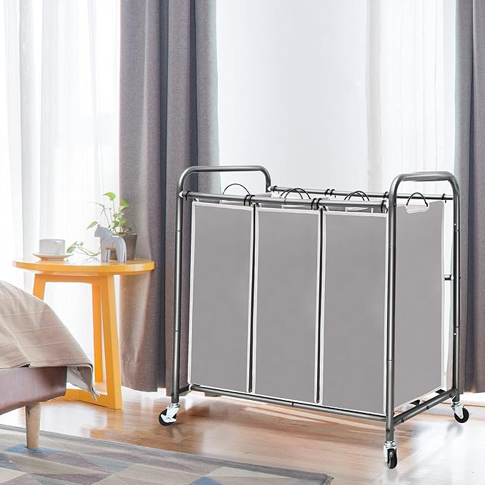STO STO Laundry Sorter 3 Section, 3 Bag Laundry Hamper, Rolling Laundry Cart, Laundry Basket with Heavy Duty Lockable Wheels and Removable Bag for Clothes Storage, Gray