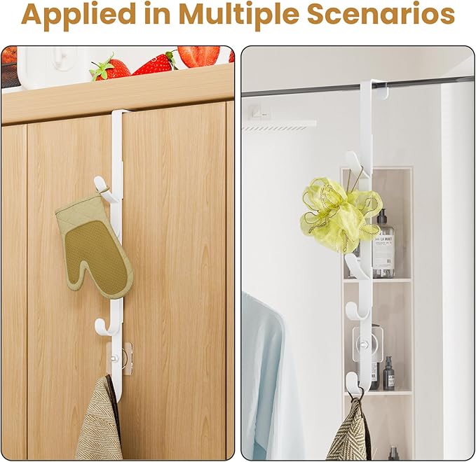 Over The Door Hooks, Metal Door Hooks for Hanging, Over The Door Purse Organizer for Coat Hanger, Back of Shower Door for Hanging Towel Rack Clothes, Hat, Bathroom, Closet (White-4Packs)