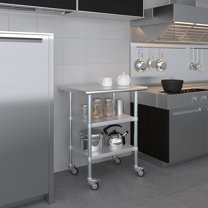 AmGood Stainless Steel Work Table with 2 Shelves and Casters | Metal Utility Table On Wheels (Stainless Steel Work Table with 2 Shelves + Casters, 30" Long x 24" Deep)