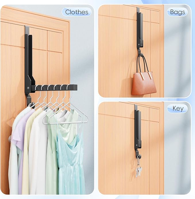 BAKON Over The Door Hanger Folding Clothes Drying Rack, Folding Hanging Coat Rack for Indoor Laundry Room Compact Small Space Foldable Portable Clothing Hanger Hook Collapsible (Black-2(Upgraded))