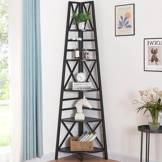 HOMBAZAAR 5 Tier Corner Shelf, 72 Inch Industrial Corner Bookshelf, Tall Ladder Bookcase with Metal Frame, Rustic Shelf Stand for Living Room, Bedroom, Office, Black