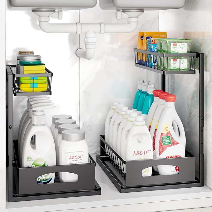 Under Sink Organizer , 2 Pack Height Adjustable Cabinet Organizer with Slide Out Drawer, Pull Out Under Sink Storage, Multi-Purpose 2 Tier Sink Shelves for Kitchen Bathroom Pantry (Black, 2 Pack)