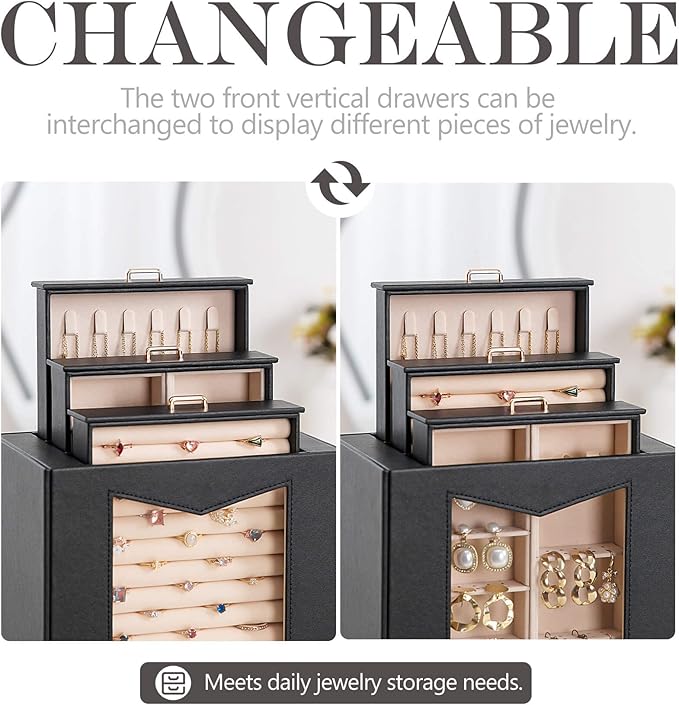 Homde Jewelry Organizer with Transparent Window Necklace Hooks Gift for Women Jewelry Box Display Case for Necklaces Rings Earrings Bracelets and Other Jewelry Accessories (Black + Gold)