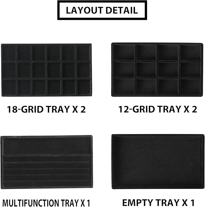 Frebeauty Jewelry Organizer Tray,Stackable Velvet Jewelry Trays,Drawer Inserts Earring Organizer For Women Jewelry Storage Display Case for Rings Stud Necklaces,Set of 6(Black)