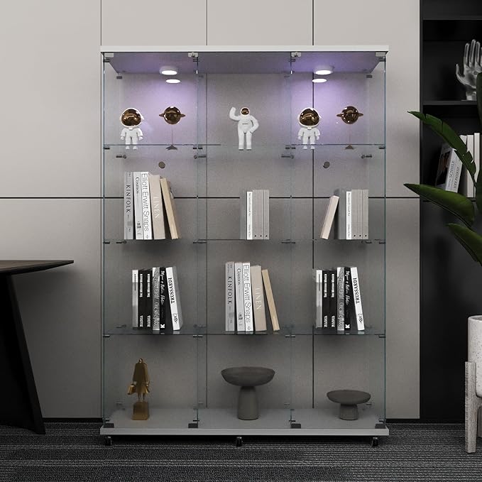 Beauty4U Glass Display Cabinet with LED Lights, Extra Large 3 Columns 2 Doors Curio Cabinets with 12 Shelves for Living Room, Bedroom, Office, White Floor Standing DIY Glass Bookshelf