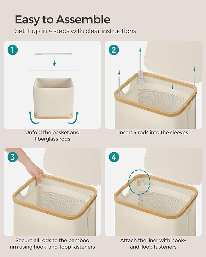 SONGMICS Laundry Hamper with Lid, Large Laundry Basket, 23.8 Gallons (90L), Removable Mesh Liner, Bamboo Handles, Collapsible, 16.5 x 12.6 x 27.8 Inches, Cream White ULCB509W01