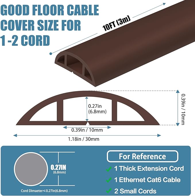 Floor Cord Covers for Wires 10FT Cable Hider Wire Cover Self Adhesive Cord Hider Floor for Offices, Homes, Workshops, Warehouses Cable Cavity 0.39" W x 0.27" H