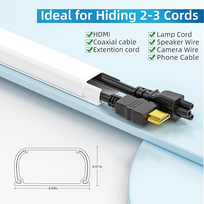 Yecaye 142in Wall Cord Hider for 2-3 Cords, On-Wall Cord Cover Channel, Cable Concealer, Cable Cover Cords Management for Home Office, W0.94in H0.47in, White